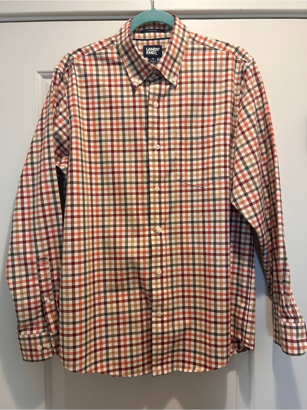 Lands' End Men's Orange, Green and Cream Plaid Button-Down Shirt Medium